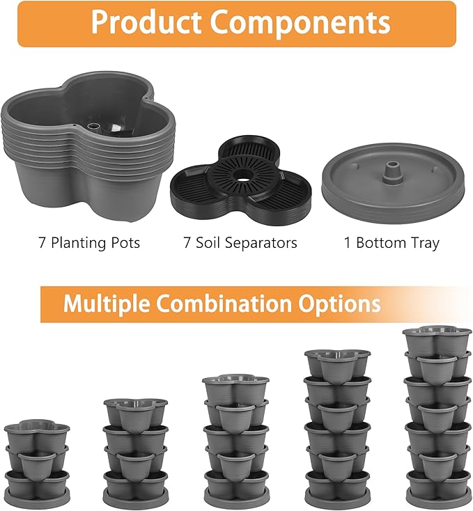 VECELO 7 Tier Vertical Garden Planter, Self Watering Stackable Planters with Wheels for Strawberries, Herbs, Flowers, Vegetables, Dark Gray