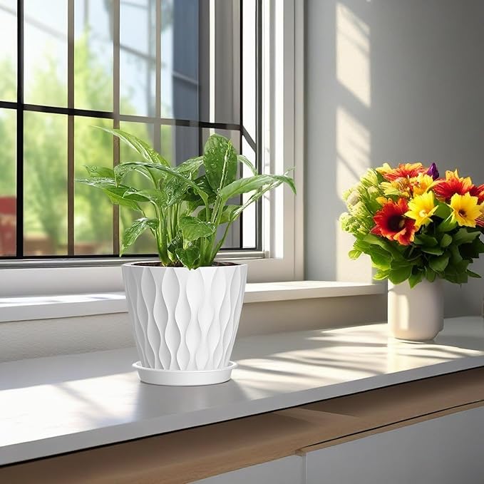 4 Inch Plant Pots, 6 Pack Indoor Flower Pots, Planters with Drainage Holes and Trays for Orchids, Violets, Succulents, Herbs, and Other Plants,White