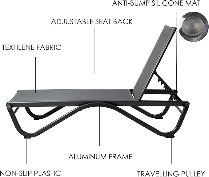 Kozyard Outdoor Chaise Lounge Chair, Full Flat Adjustable Patio Lounger with Aluminum Frame & Resin Legs, Textilene Fabric for Poolside, Backyard & Beach (Gray, Chair)