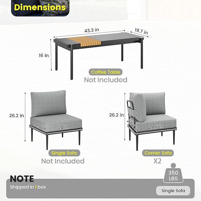 Sundale Outdoor 2 Pieces Metal Patio Furniture Set, Outdoor Sectional Sofa w/6 Inch Olefin Cushion, Modern Outdoor Conversation Sets for Porch, Balcony