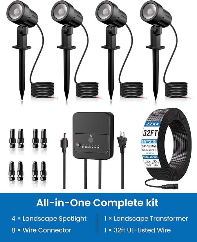 ZZXX All-in-One LED Landscape Lighting Kit, 4-Pack Low Voltage Landscape Lights with Transformer 32FT Wire and Connectors, 2700K Waterproof Outside Spotlights for Yard Garden Tree Pathway House