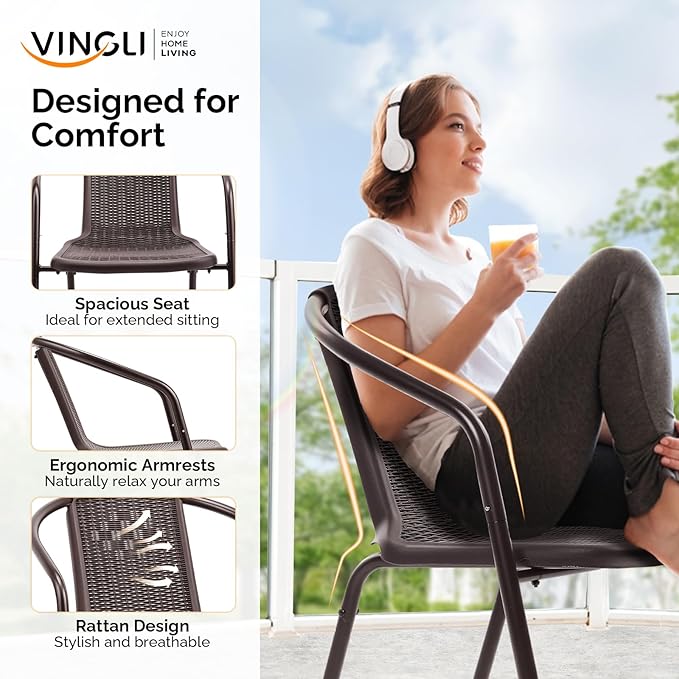 VINGLI PE Rattan Outdoor Dining Chairs Set of 2, Plastic Stackable Patio Chairs for Indoor, Porch, Restaurant, Garden, Brown