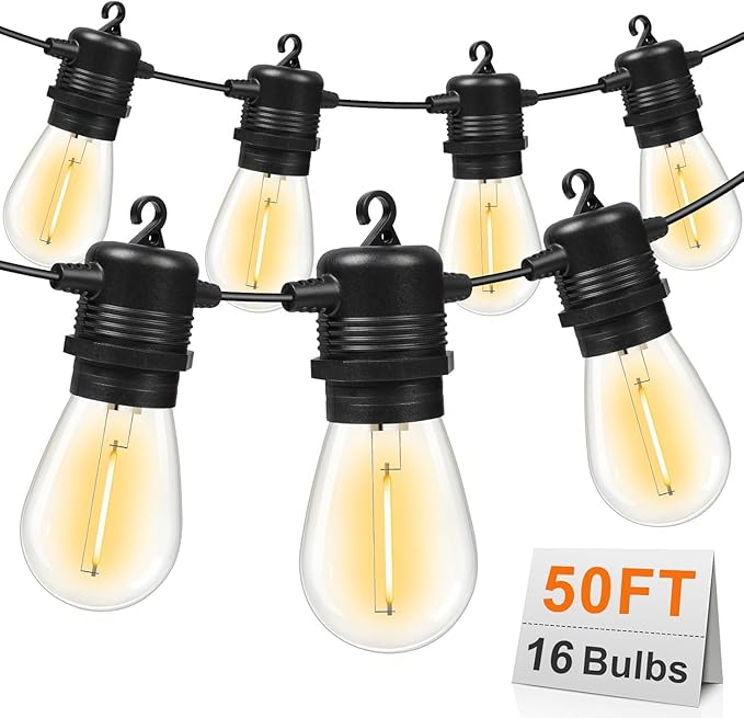 50FT LED Outdoor String Lights with 16 Shatterproof Waterproof S14 Replaceable Bulbs(1 Spare), 2700K Commercial Grade Patio Lights, Outside Hanging Light for Yard Garden Porch Deck Decor
