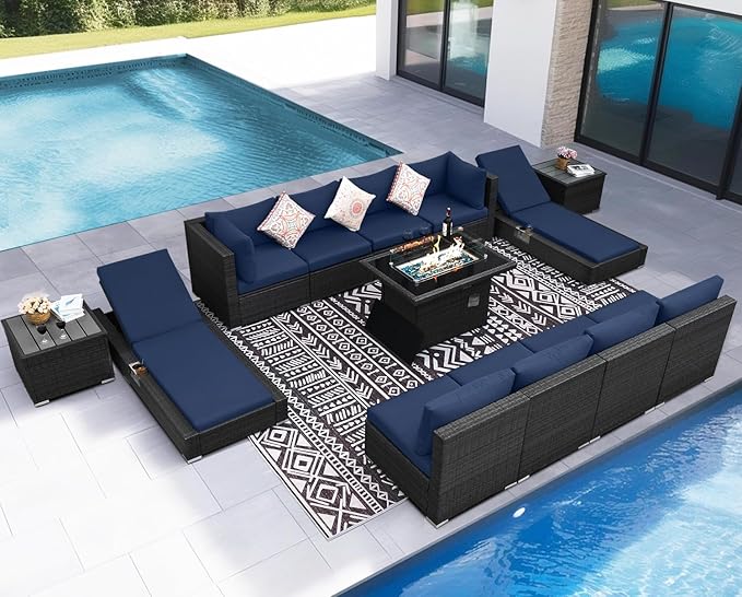 NICESOUL 13 Pcs Outdoor Furniture with Fire Pit, 29.3'' High Back Large Patio Couch Set with Fire Pit Table & Chaise Lounge, Extra Wide Deep Seat Sectional Sofa and Lounger for Deck, Grey & Navy Blue
