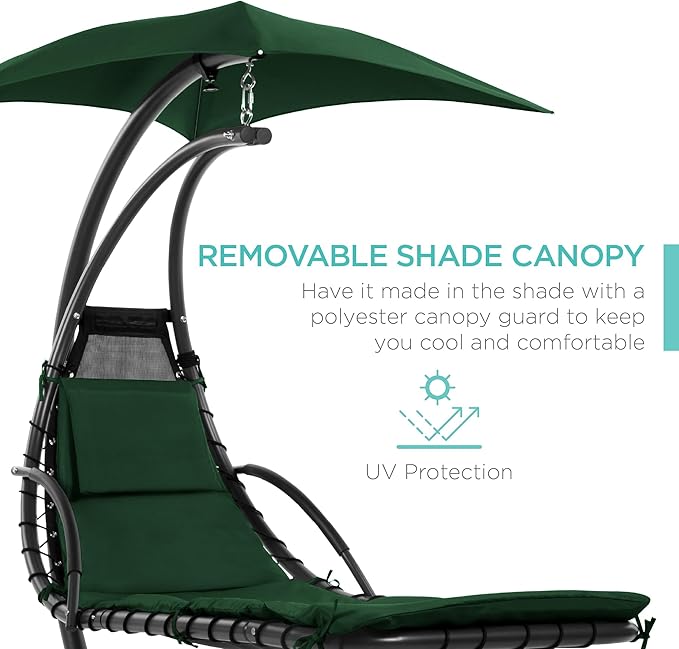 Best Choice Products Outdoor Hanging Curved Steel Chaise Lounge Chair Swing w/Built-in Pillow and Removable Canopy - Green