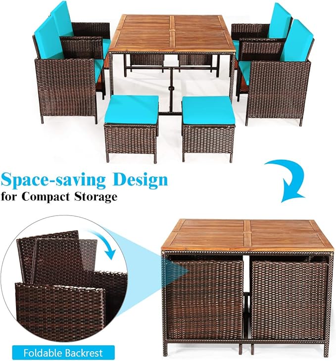 Tangkula 9 Pieces Acacia Wood Patio Dining Set, Space Saving Wicker Chairs and Wood Table with Umbrella Hole Outdoor Furniture Set, Suitable for Garden, Yard, Poolside, Outdoor Seating Set
