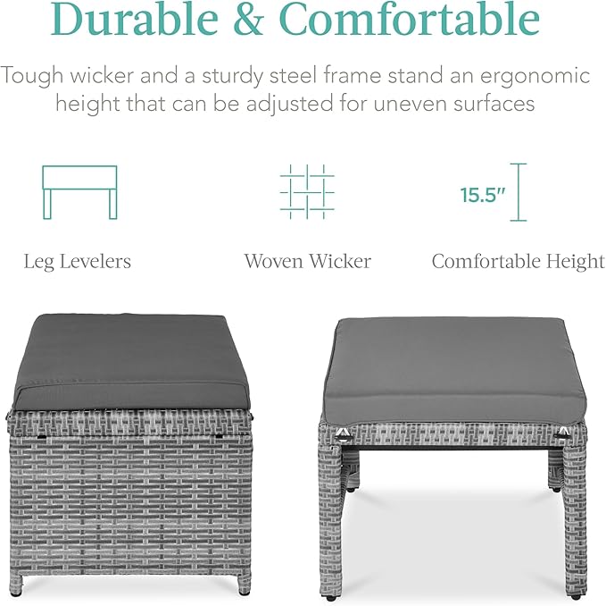 Best Choice Products Set of 2 Wicker Ottomans, Multipurpose Outdoor Furniture for Patio, Backyard, Additional Seating, Footrest, Side Table w/Removable Cushions, Steel Frame - Gray/Gray