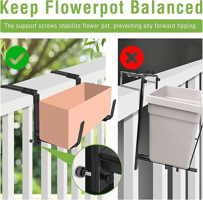 Window Box Brackets, Adjustable Hanging Railing Planter Box Brackets, Heavy Duty Wall Mount Iron Flower Box Holder for Outdoor Windowsill, Balcony, Garden, and Fence (2 Pack)