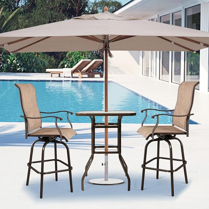 VINGLI Outdoor Bar Table with Umbrella Hole, Metal Patio Bar Height Pub Table for Patio High Top (Brown)