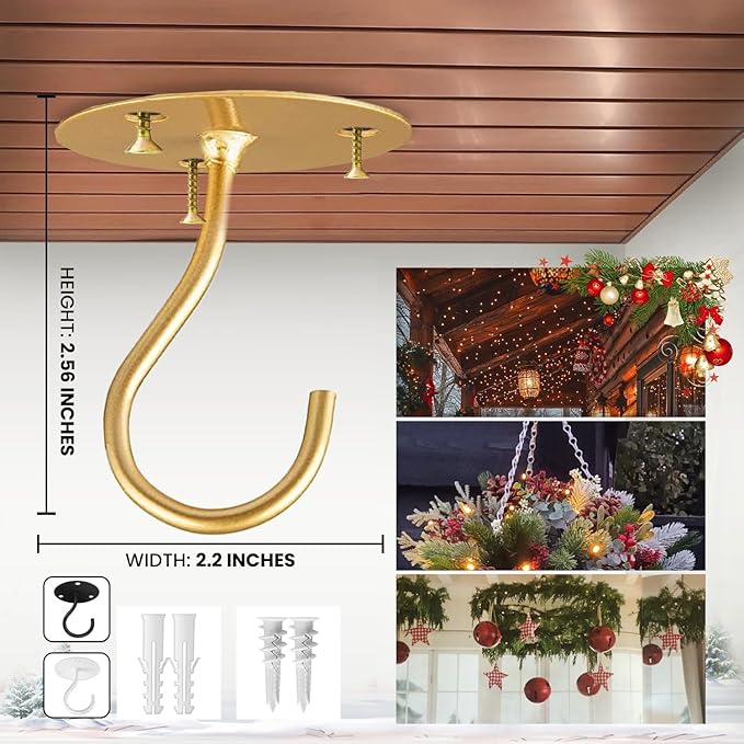 Ceiling Hooks for Hanging Plants- 4pcs 2.56 inches Heavy Duty Powder Coated, Gold Hanging Hooks for Bird Feeders, Planters and Wind Chimes