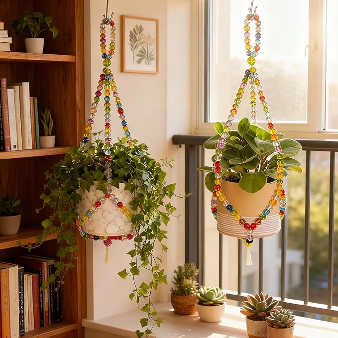 2 Pack Macrame Plant Hangers with 2 Hooks, 17.9inch/16.7inch Handmade Glass Bead Hanging Planter for Indoor Outdoor Bohemian Home Garden Decor