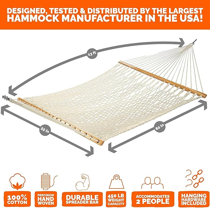 Castaway Living 13 ft. Double Traditional Hand Woven Navy Polyester Rope Hammock – 2-Person, 450 lb Capacity, Free Extension Chains & Tree Hooks, Designed in The USA