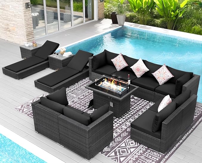 NICESOUL 13 Piece Patio Set with Fire Pit Table, 500 lbs High Weight Capacity Large Outdoor Sectional with Fire Pit & Chaise Lounge, 29.3'' High Back Patio Sectional Deep Seating Grey & Black