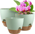 Big Self Watering Pots 12/10/9 inch, Planter, Plant Pots with Mesh Drainage Holes for Indoor Outdoor Garden Plants, Plastic Flower Pots with Removable Deep Reservoir, Green with Brown
