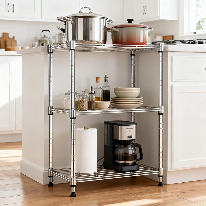 450 lbs Wire Storage Shelving 3-Tier Utility Shelving Unit Steel Organizer Wire Rack for Home,Kitchen,Office,Chrome(11.8" D x 17.7" W x 26.4" H)