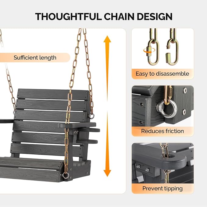 VINGLI Heavy Duty 880 LBS HDPE Porch Swing Outdoor with Rotatable Cup Holder, with Adjustable Chains, 1 Person Hanging Porch Swing Chair for Porch, Yard, Tree, Garden - Grey