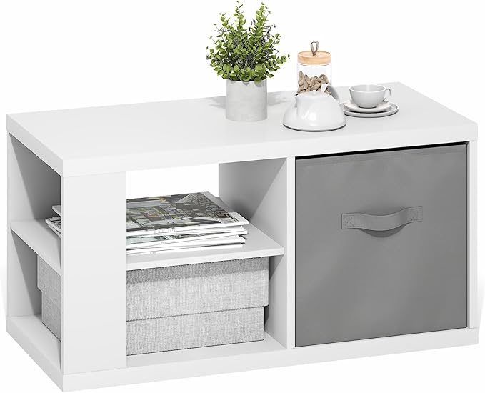 Furinno Viola Coffee Table, 3-Tier Modern Coffee Table with 1.2 Thick Tabletop, Side Table with Open Shelf and Storage Bin, for Living Room, Bedroom, Home Office, White/Light Grey