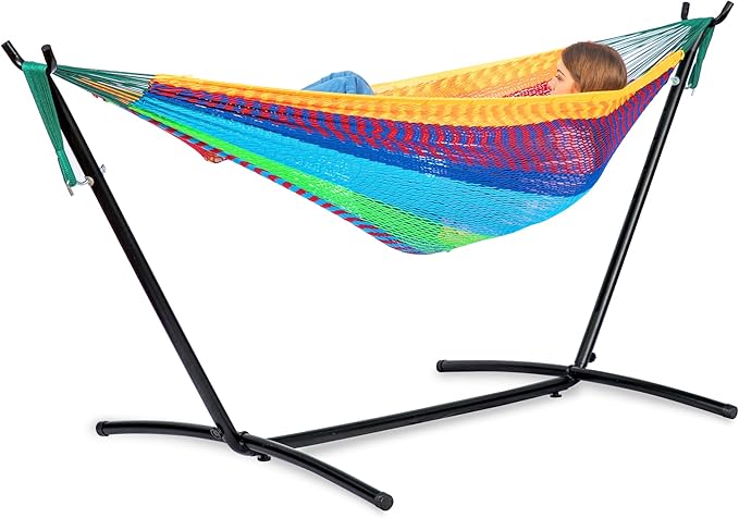 PNAEUT Double Hammocks with Stand for Outside, Portable Space Saving Heavy-Duty Steel Stand for Indoor Outdoor Patio (Mayan Rainbow)