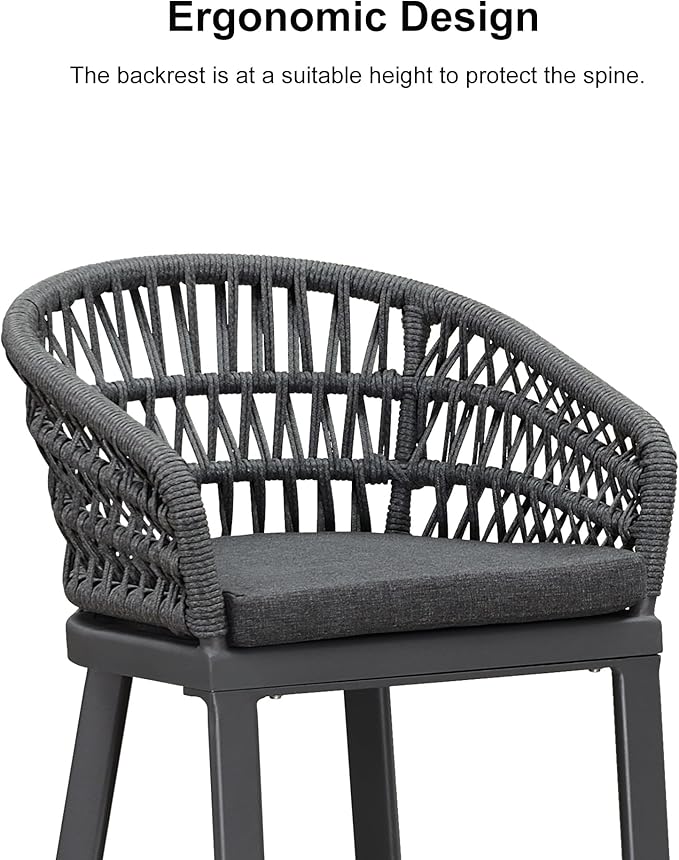 PURPLE LEAF Outdoor Rattan 24" Counter Height Bar Stools Chair Set of 2, Modern Upholstered Patio Bar Stool with Backrest for Indoor and Outdoor, Kitchen Island, Grey