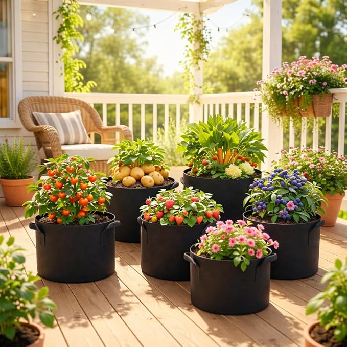 5 Pack 5 Gallon Grow Bags, Thickened Aeration Nonwoven Fabric Plant Pots with Handles, Heavy Duty 300G Garden Planting Bag for Tomato, Potato, Strawberry, Vegetable, Fruits and Flowers