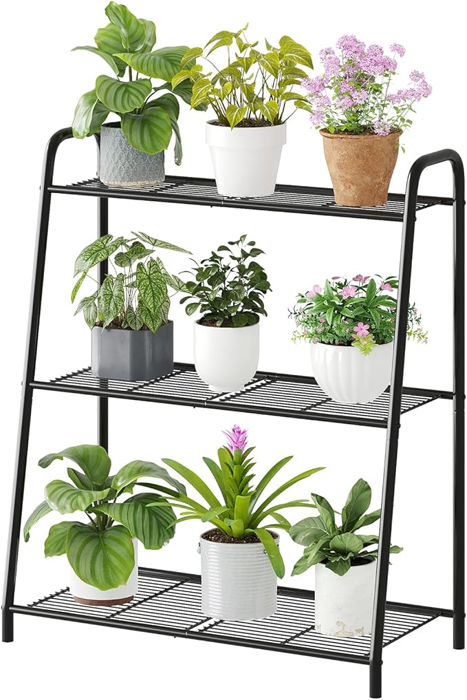 3-Tier Corner Plant Stand, Metal Black Flower Pot Rack, Indoor Outdoor Heavy Duty Shelf (Black, 3 Tier)