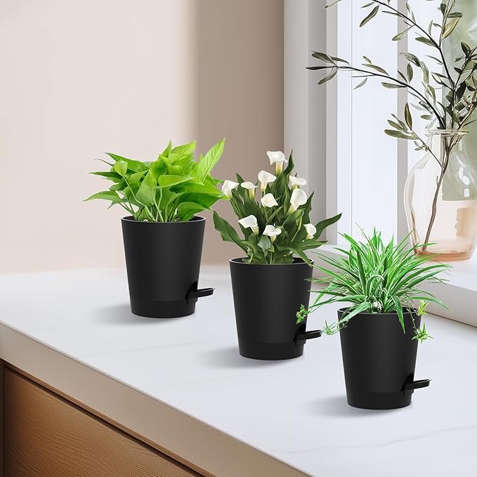Self Watering Pots, 4 inch Flower Pots with Multi Mesh Drainage Holes, Small Platic Planters for Indoor Outdoor Garden Plants and Flowers (Black, 4")