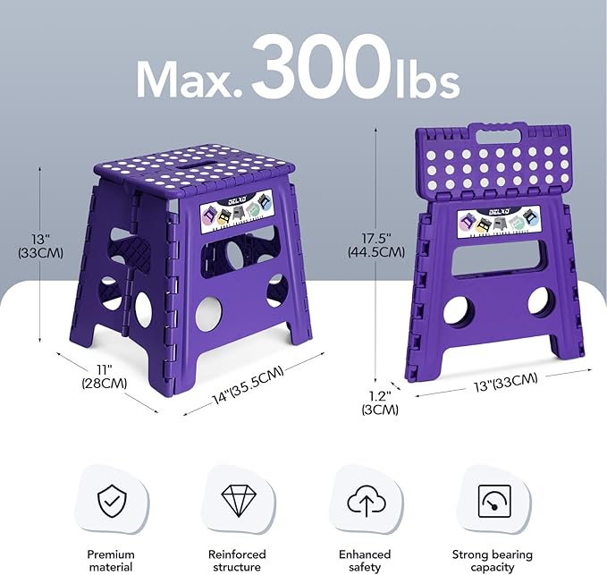 Delxo Folding Step Stool, 13 inch Non-Slip Foldable Stools Up to 300 LBS, Step Stool with Handle, Lightweight for Kitchen, Bathroom, Bedroom, Garden, Purple, 1PC