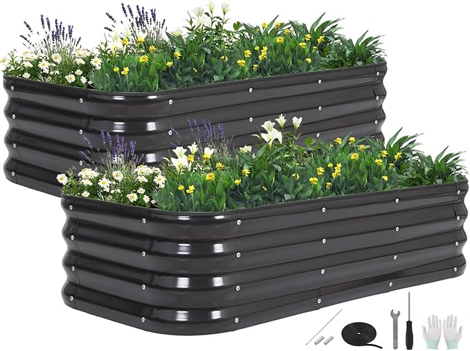 3 in 1 Galvanized Raised Garden Bed - 4x2x1ft (2Packs) Modular Planter Box Outdoor | Metal Raised Bed Kit with Bracing Rods for Gardening Vegetables Flowers Fruits Herbs (Dark Grey)