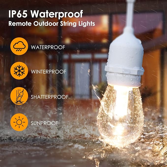 Mlambert 3 Color Outdoor LED Dimmable String Lights for Patio with Remote, Plug in 48FT Waterproof Shatterproof LED Bulb Light for Cafe-White Cord