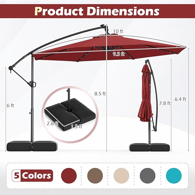 Tangkula 10ft Solar LED Patio Umbrella with Base, Offset Cantilever Outdoor Umbrella with 32 LED Lights, Infinite Tilt, 360 Degree Rotation, Crank Handle for Pool Deck Garden Backyard (Wine)