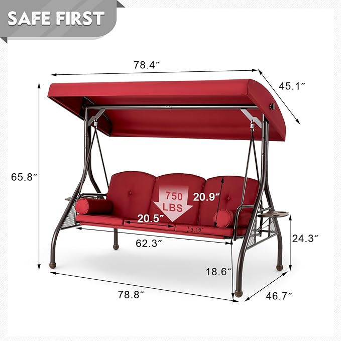 HOMREST 3 Seat Outdoor Porch Swing with Adjustable Canopy, Convertible Patio Swing Bed with Stand, Patio Glider Swing with Upgraded Cup Holder, Thicken Cushions ＆ Pillow for Backyard (Wine Red)