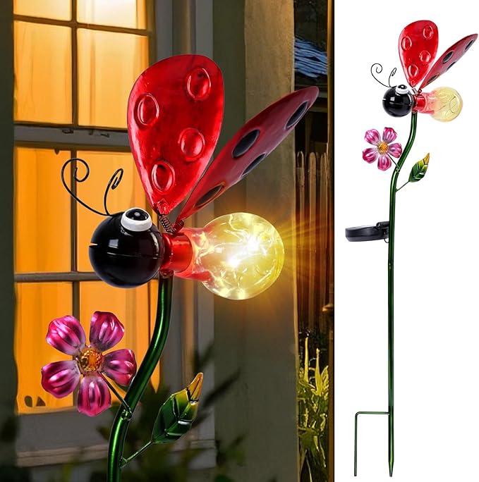 Decorative Solar Lights Outdoor Solar Ladybug Stake Lights Metal Decorative Garden Lights Outdoor Waterproof Stakes for Pathway Yard Lawn Decoration Mothers Day Mom Gifts