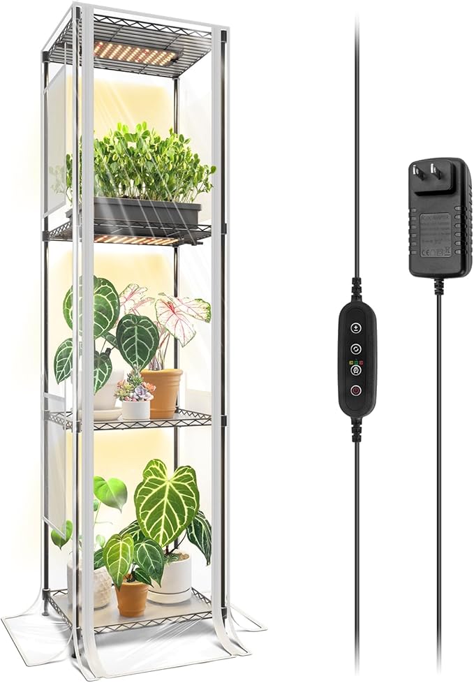 Barrina CX83Z Indoor Greenhouse with Grow Light, 4-Tier Corner Plant Stand, 30W Full Spectrum Growing Light Panels, Mini Greenhouse with Tent for Seed Starting, 3/6/12h Timer, 15.7 x 11.8 x 59.1IN