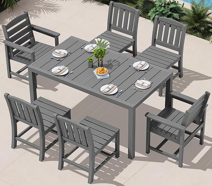 SERWALL 7-Piece Outdoor Dining Set, 60" - 83" Expandable Outdoor Dining Table and 6 HDPE Chairs, All Weather HDPE Outdoor Furniture Set for Backyard, Garden, Grey