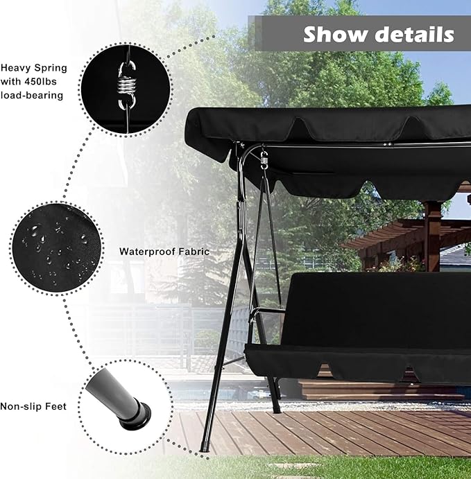 AECOJOY Porch Swing with Stand, Outdoor Swings for Adults, 3-Seat Outdoor Swing with Canopy, Outside Swing Bench with Removable Cushion, Suitable for Backyard, Garden, Yard, Poolside, Balcony (Black)