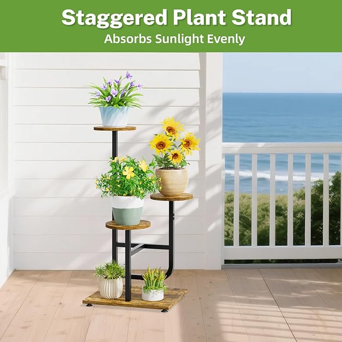 iDavosic.ly 3 Tier Plant Stand Indoor, Corner Tiered Multiple Flower Holder Shelf with Wooden Trays, Orchid Display Metal Rack for Patio Porch Living Room Balcony Outdoor, Modern Black & Rustic Brown