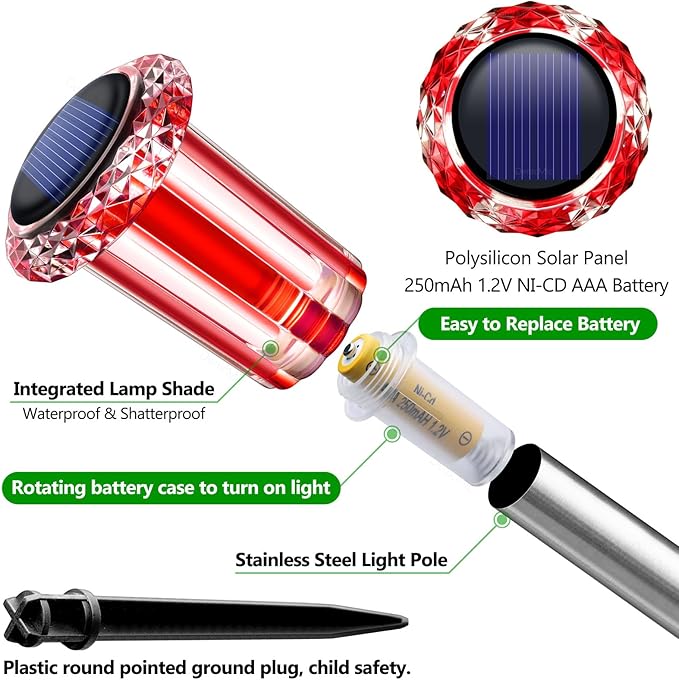 DenicMic Solar Lights Outdoor 10 Pack Waterproof Red White LED Stainless Steel Stake Outside Lights for Yard Pathway Garden Driveway Walkway Landscape Path Lighting Valentines Day Decorations
