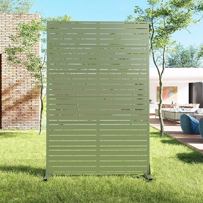 Casaphoria Metal Privacy Screen Outdoor, 72" H x 47" W Freestanding Decorative Privacy Screen for Patio Deck Balcony Garden with Stable Base, Light Green-Louvered
