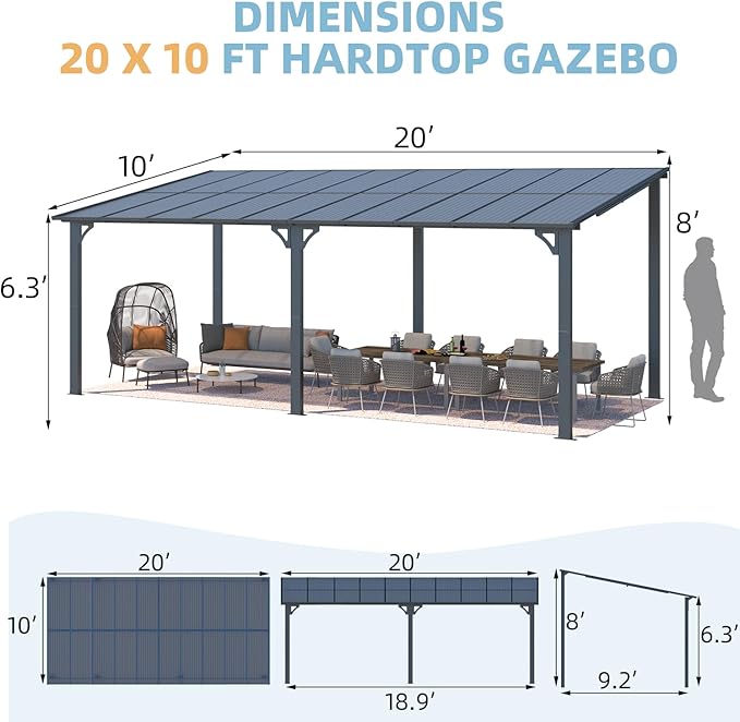 AECOJOY 20' x 10' Outdoo Gazebo Pergola for Patio, Large Wall-Mounted Pergolas and Gazebos Clearance Hard Top 10x20 Lean to Metal Gazebo Shelter Patio Roof, Heavy Duty Awnings for Backyard, Decks