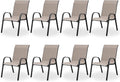 Patio Dining Chairs Set of 8, Outdoor High Stacking Chairs，Breathable Seat Fabric and Alloy Steel Frame for Backyard, Porch, Garden, Sunroom (Light Brown)