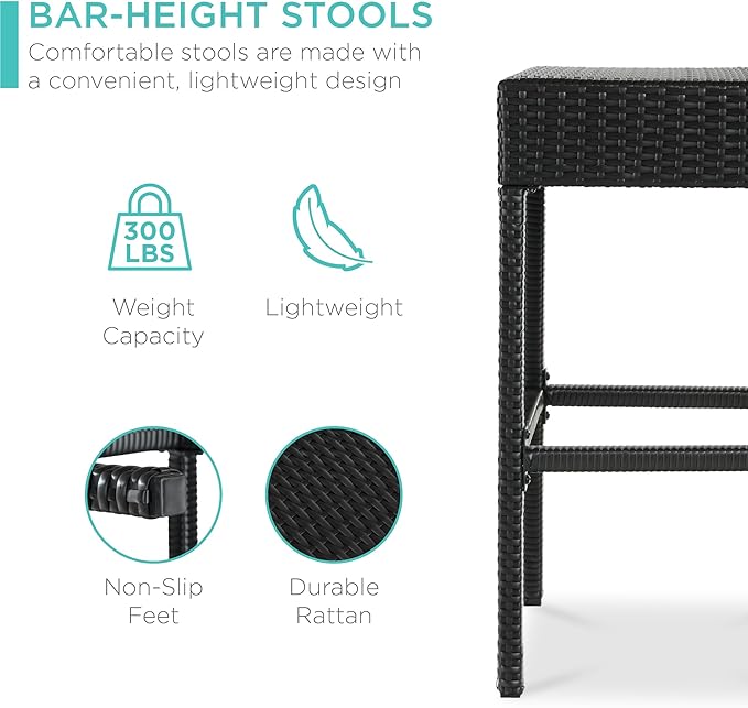 Best Choice Products 5-Piece Outdoor Wicker Bar Table Set for Patio, Poolside, Backyard w/Built-in Bottle Opener, Hidden Storage Shelf, Metal Tabletop, 4 Stools - Black