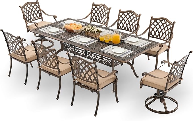 9-Piece Cast Aluminum Patio Furniture, Outdoor Dining Sets for 8 Include 87" Rectangular Patio Dining Table, 6 Stackable Chairs & 2 Swivel Chairs with Cushions & Umbrella Hole(Bronze)