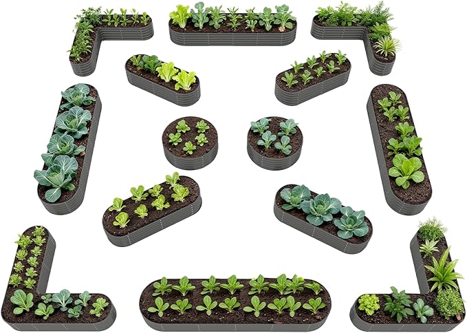 A ANLEOLIFE Set of 14 18 Inch Tall Raised Garden Beds Kit, Heart-Shaped, Long Oval & Round Metal Planters – Ideal for Creative Garden Layouts, Quartz Grey