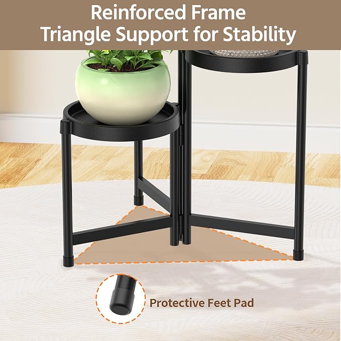 LASZOLA 3 Tiered Folding Plant Stand Indoor for Multiple Large Planter, Tall Heavy Duty Adjustable Rack with Rust Proof Plastic Shelving, Sturdy Vertical Tree Organizer for Narrow Inside Floor, Black