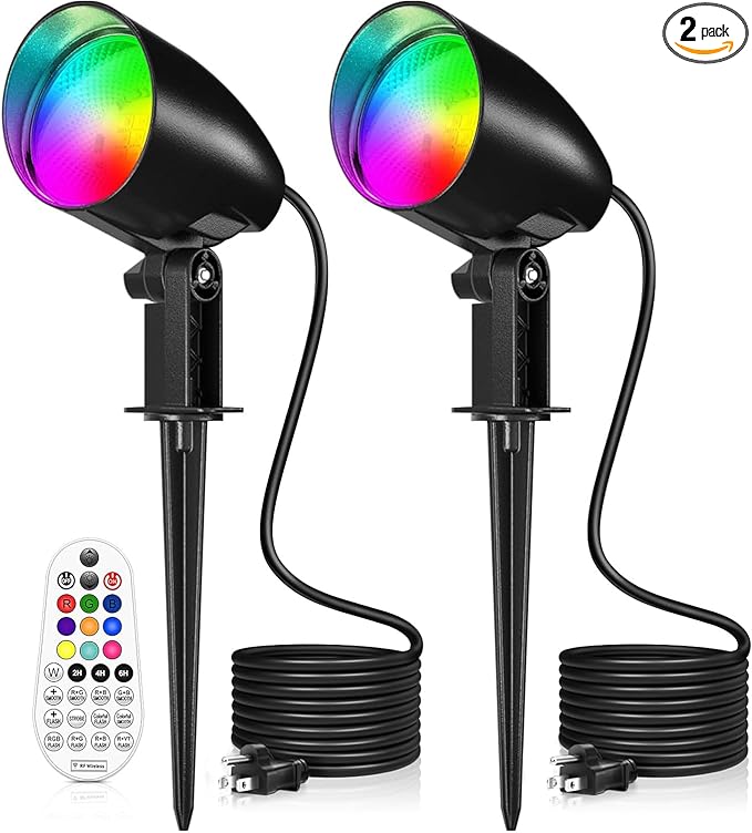 20W RGBW Color Changing Outdoor Spotlight with Remote Control 1880LM IP66 Waterproof LED Spot Lights for Christmas Halloween Decorative Yard Garden Pathway 120V US Plug 2 Pack