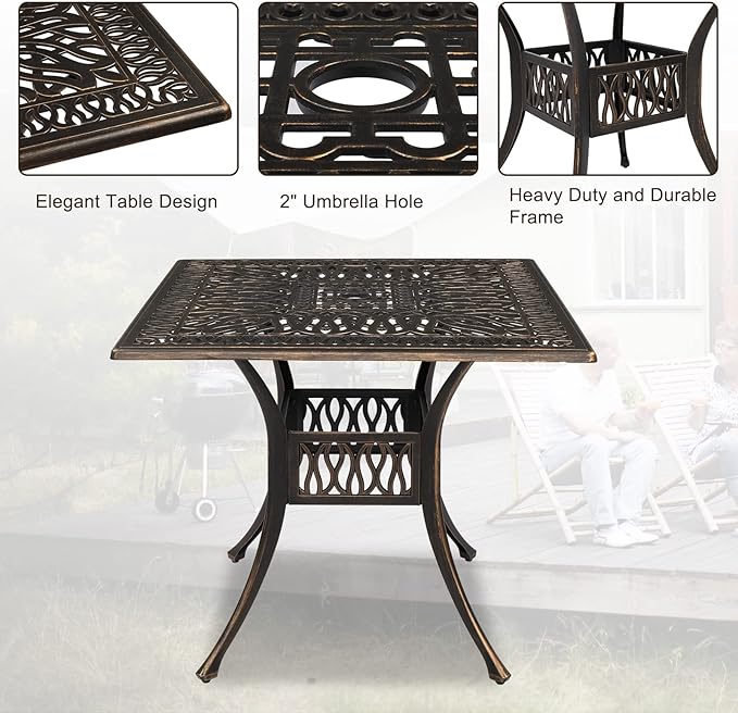 VINGLI 5-Piece Outdoor Patio Dining Set, Cast Aluminum All-Weather Outdoor Table and Chairs w/Cushion, Outdoor Furniture Set w/Umbrella Hole for Backyard Deck Poolside (Square, Elizabeth Back)