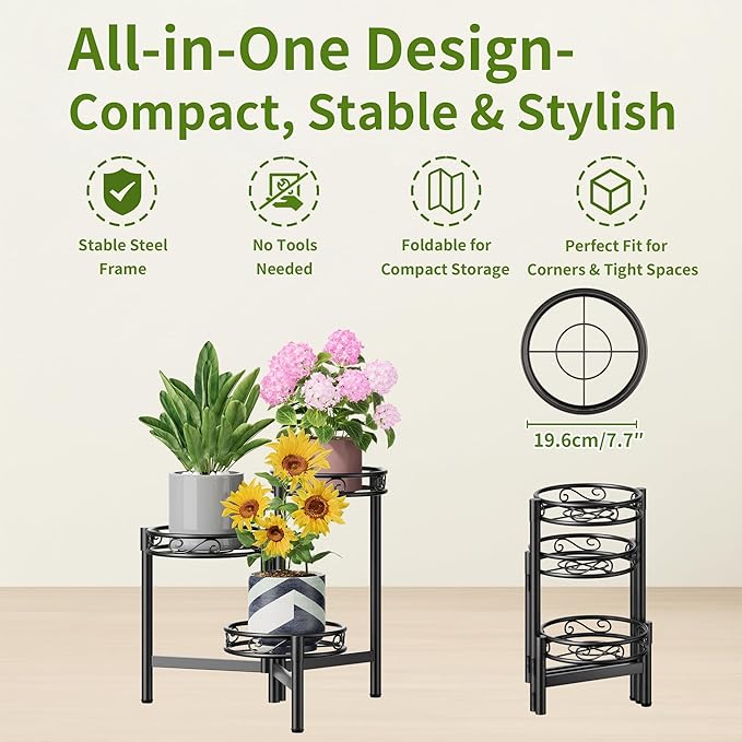 3-Tier Plant Stand Outdoor,Metal Plant Stand for Multiple Plants, Folding Tall Plant Rack Display Shelf for Corner Living Room Porch Patio Garden Office - BalckCircle