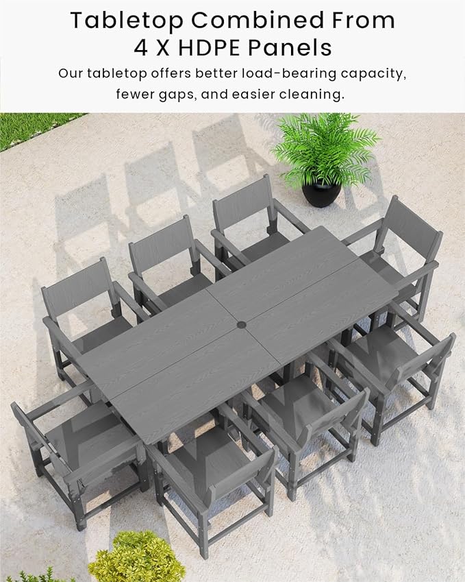 9-Piece Outdoor Dining Set, HDPE Weatherproof Patio Table and Chairs Set for 8, Outdoor Patio Furniture Sets with Umbrella Hole for Outside, Deck, Backyard, Garden (Grey)