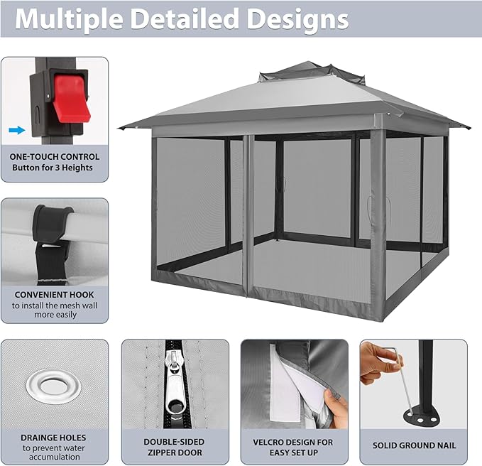 COBIZI 11x11 Pop Up Gazebo One-Push Canopy Tent, Carpas Para Patio, Outdoor Canopy Shelter with Double Roof Ventiation 121 Square Feet of Shade for Lawn, Garden, Backyard and Deck, Gray (Upgraded 2.0)
