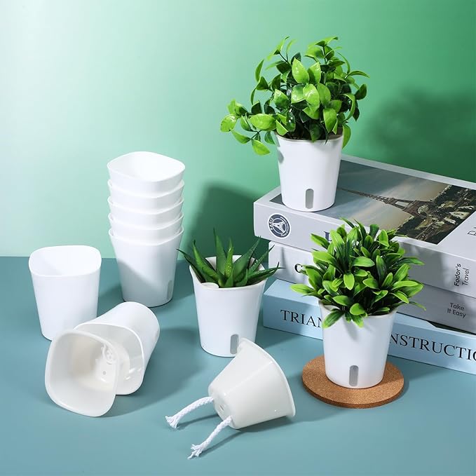 20 Pcs 3 Inch Self Watering Pots for Indoor Plants, White Plastic Self Watering Planters with Wicking Rope Visual Water Level & Vent Holes for Succulents, Flowers Indoor Outdoor